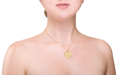 Celtic knot necklace made in yellow gold plated brass. Heart shaped. On gold chain.